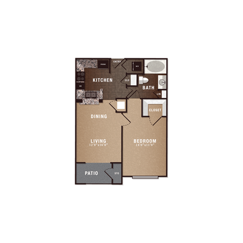 Floor plan for 1 bed, 1 bath, 610 sqft